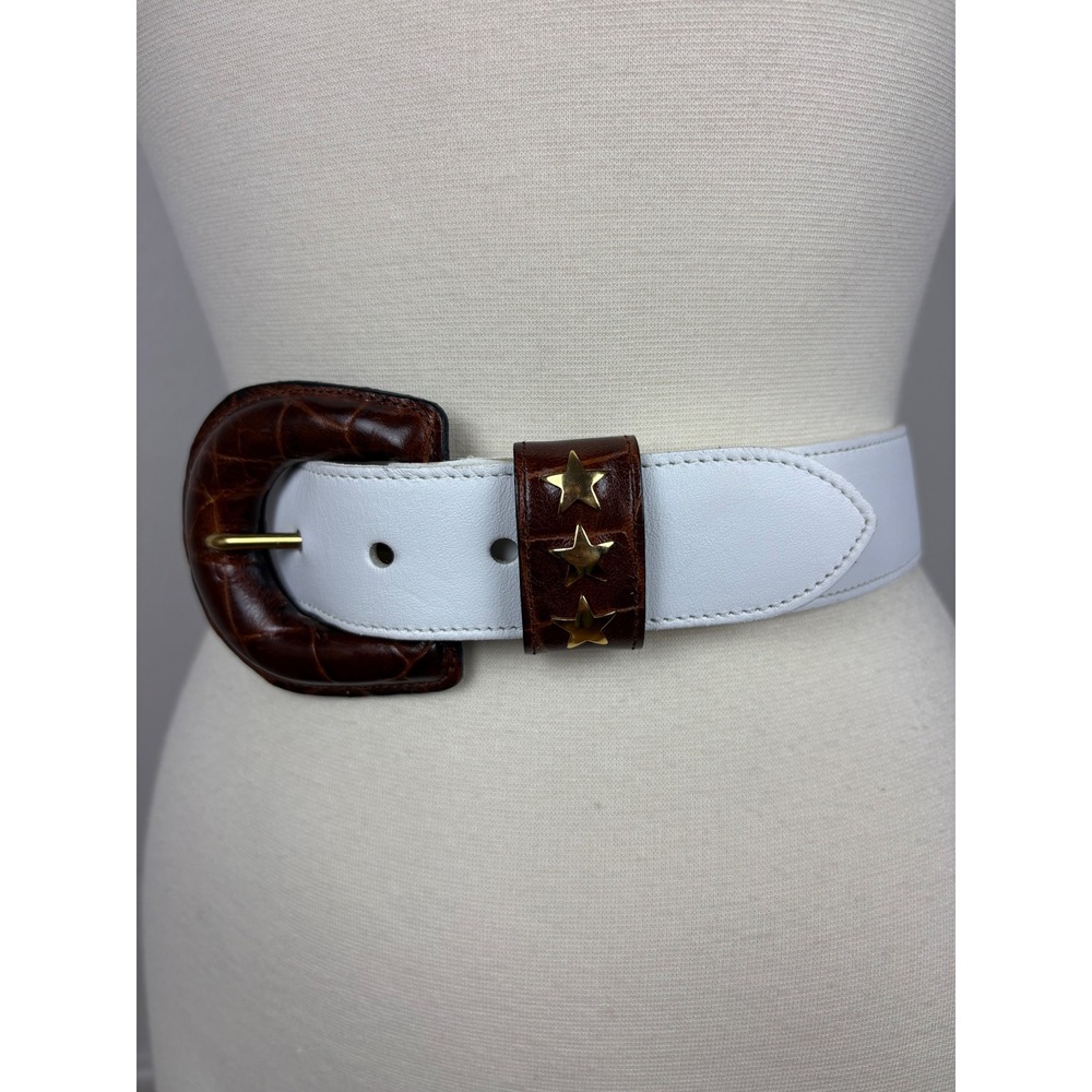Joan & David Too Vtg White Calfskin Belt Size S Embossed Croc Star Accent Buckle